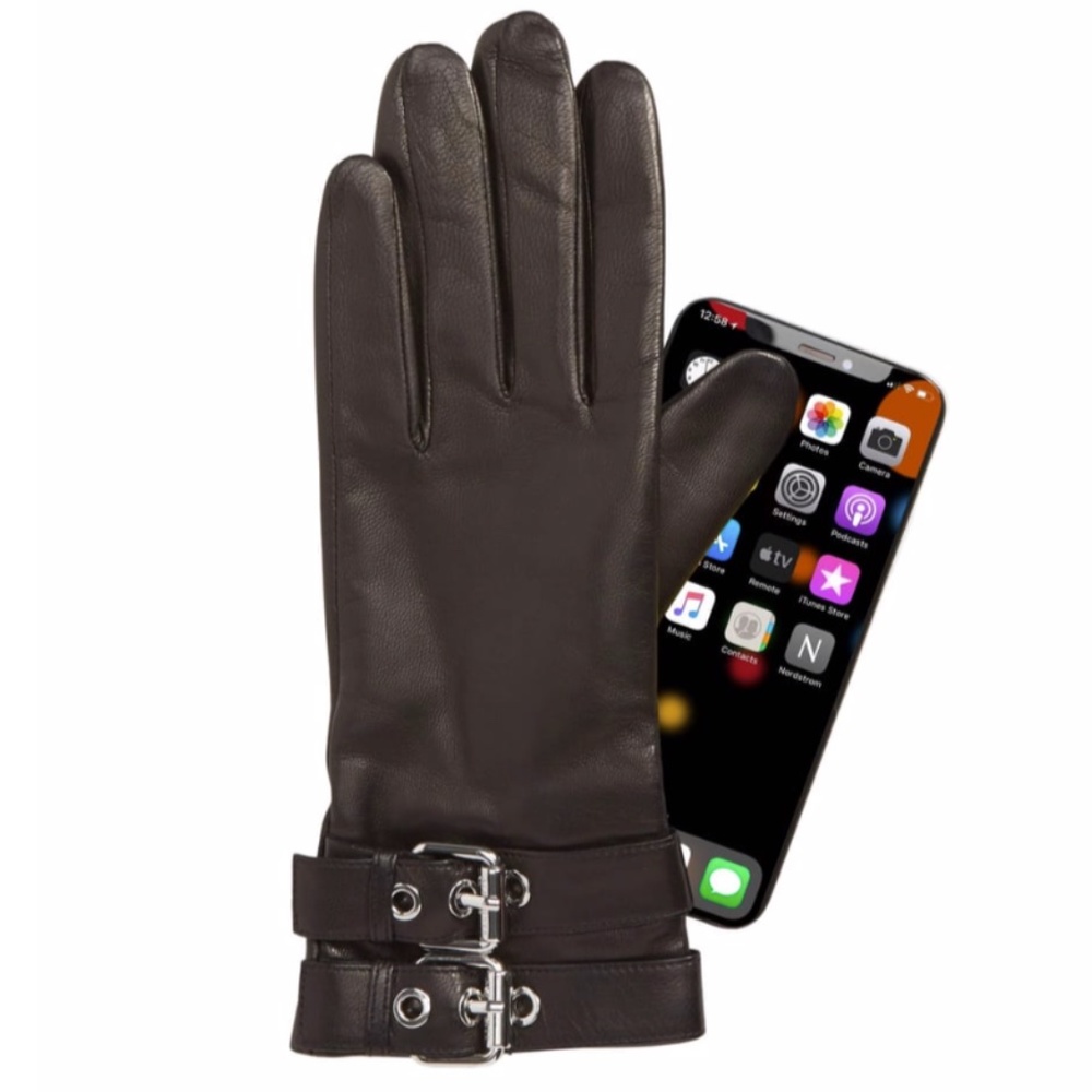 allsaints+2+btl+bucle+leather+glove+black/shiny nickel
